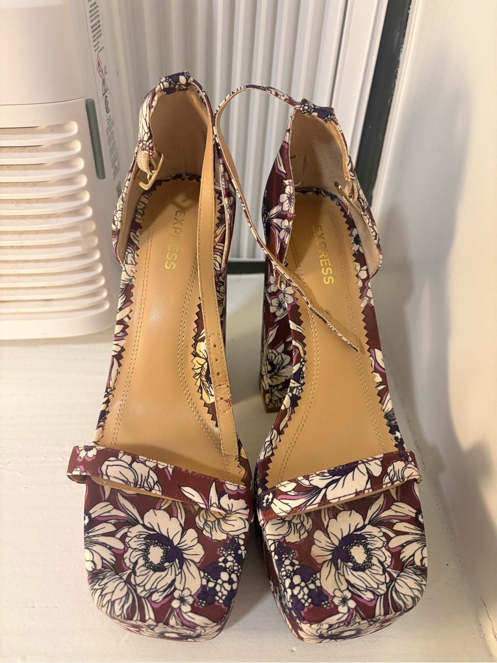 Express Burgundy Floral Block Heel Sandals